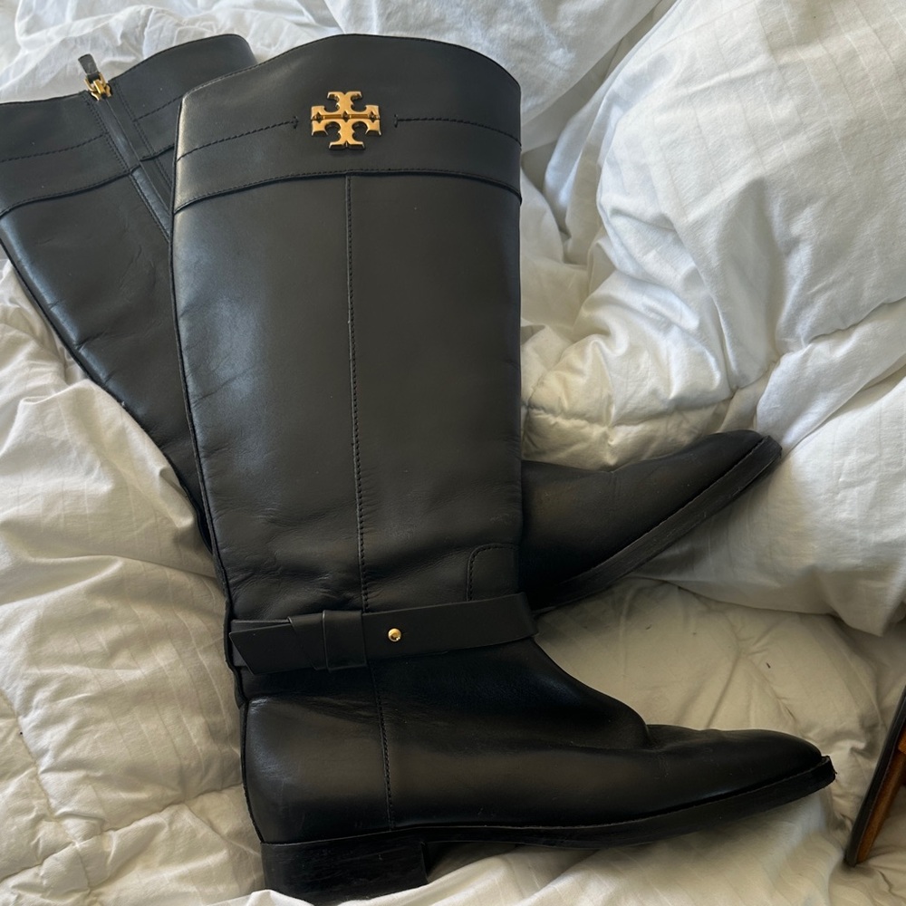 Tory Burch Black Leather Boots with Gold Logo
